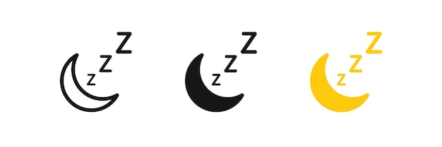 Icono de sueño lunar Descanso símbolo zzz Signos nocturnos Símbolos de hora de dormir Iconos de concepto de sueño Color amarillo negro Signo vectorial