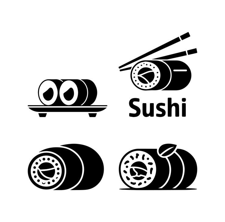 Icono de sushi negro aislado en diseño vectorial blanco