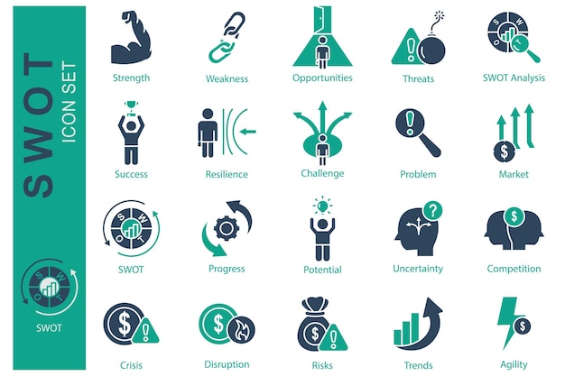 Icono SWOT conjunto de íconos sólidos íconos de estilo relacionados con la fuerza del negocio oportunidades de debilidad y más ilustración vectorial de elementos de negocio