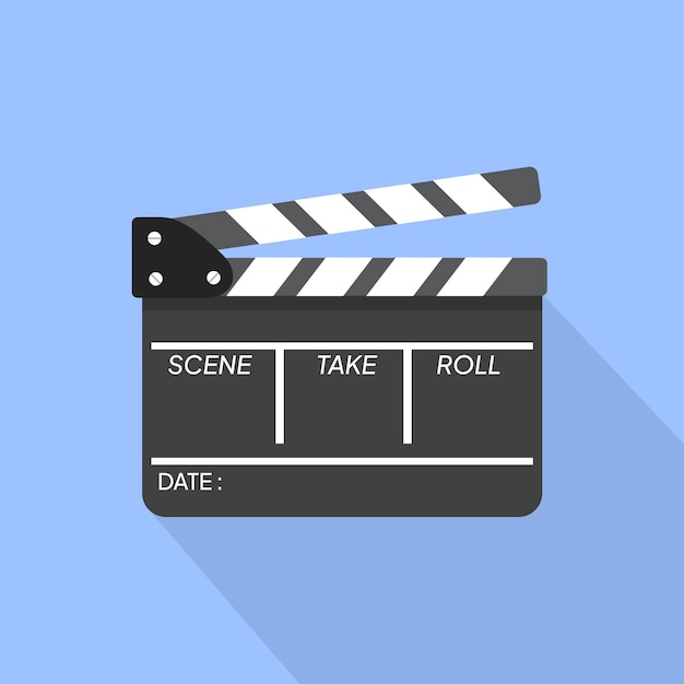 Icono de tablero de clapper de película en fondo de color con sombra larga Vector de cine de clapter de película en blanco