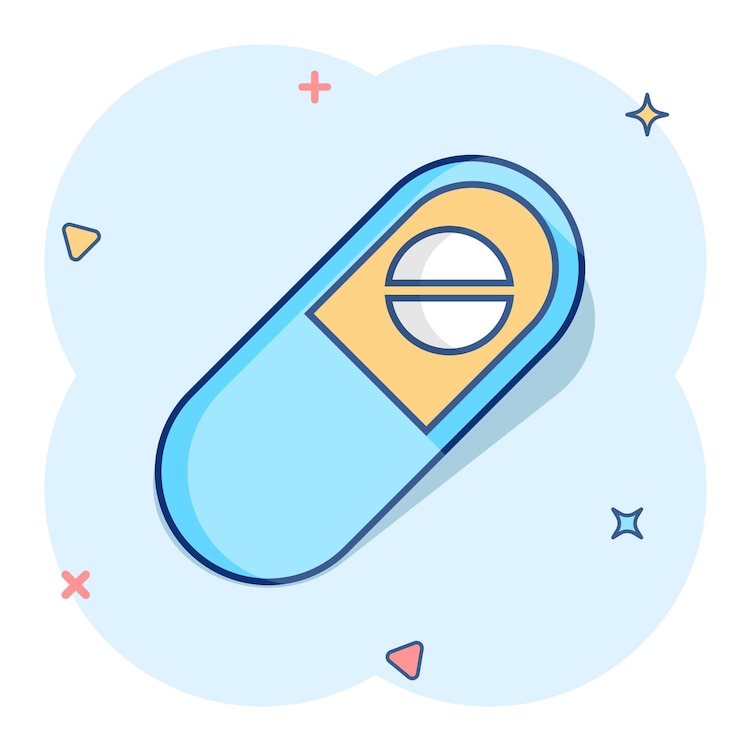 Vector icono de tableta de píldoras de cápsula de dibujos animados de vector en estilo cómic pictograma de ilustración de concepto de píldoras médicas concepto de efecto de salpicadura de negocio de cápsula y drogas