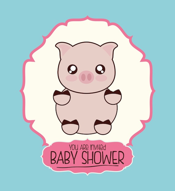 Vector icono de tarjeta de ducha de bebé de dibujos animados lindo animal de cerdo
