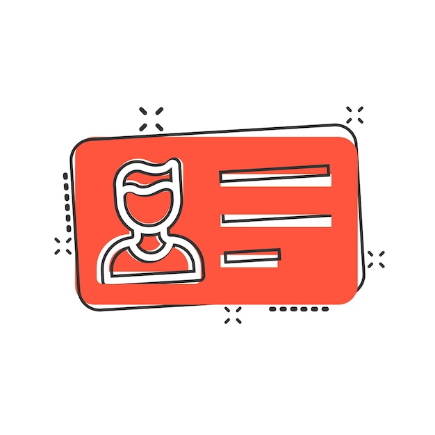 Icono de tarjeta de identificación en estilo cómic Ilustración de vector de dibujos animados de etiqueta de identidad sobre fondo blanco aislado Concepto de negocio de efecto de salpicadura de licencia de conducir