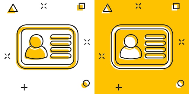 Icono de tarjeta de identificación en estilo cómic insignia de identidad vector ilustración de dibujos animados pictograma acceso titular de la tarjeta personas concepto de negocio efecto de salpicadura