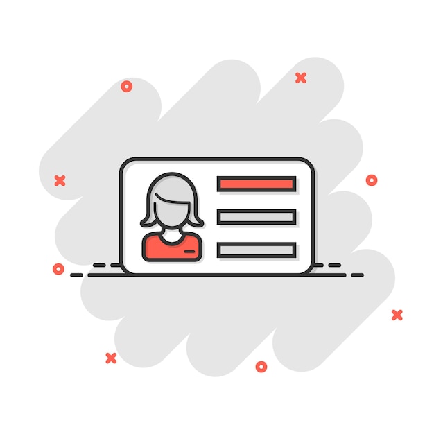 Icono de tarjeta de identificación de mujer en estilo cómic Ilustración de vector de dibujos animados de etiqueta de identidad sobre fondo blanco aislado Concepto de negocio de efecto de salpicadura de licencia de conducir