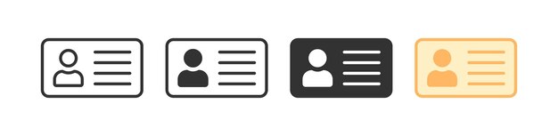 Icono de tarjeta de identificación Símbolo de identidad Signos de identificación Nombre Símbolos de información fotográfica Iconos de pase personal Color plano negro Signo vectorial