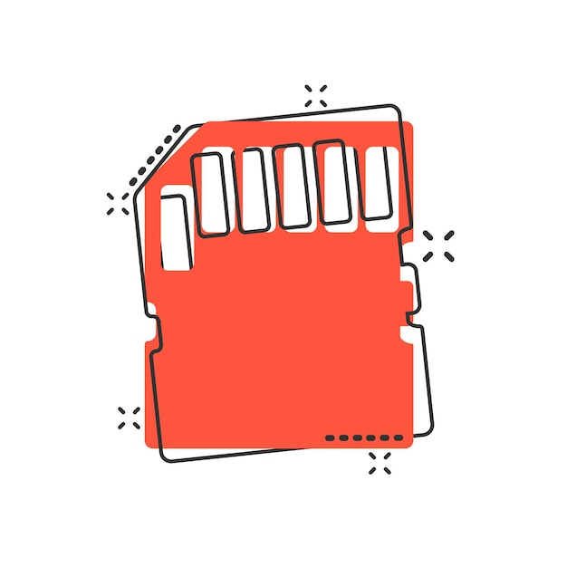 Icono de tarjeta Micro SD en estilo cómic Ilustración de dibujos animados de vector de chip de memoria sobre fondo blanco aislado Efecto de salpicadura de concepto de negocio de adaptador de almacenamiento