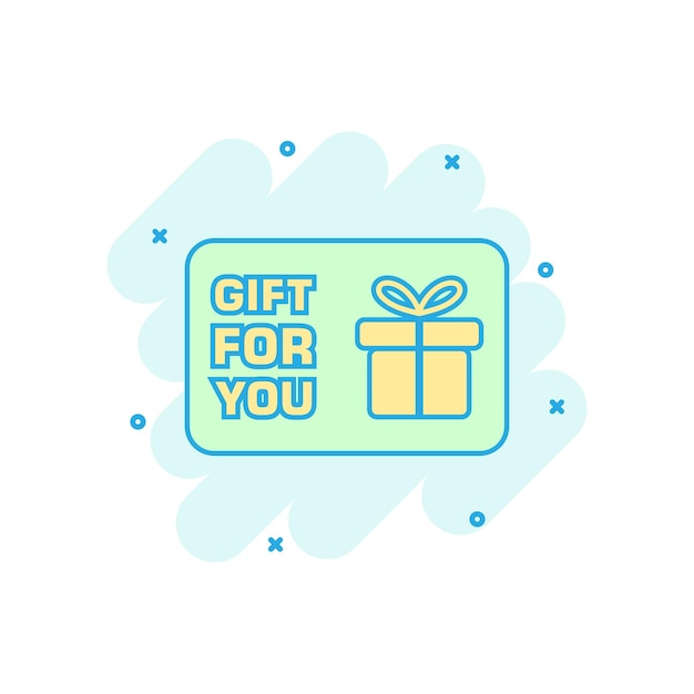 El icono de la tarjeta de regalo de colores de dibujos animados en estilo cómic El bono de regalo El presente Ilustración Pictograma Sello de cupón de descuento El concepto de negocio de salpicaduras