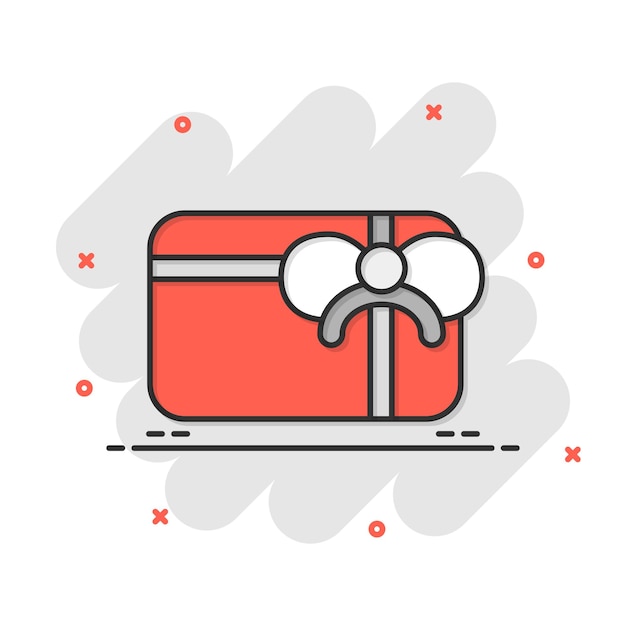 Icono de tarjeta de regalo en estilo cómic Ilustración de vector de dibujos animados de cupón de descuento sobre fondo aislado Concepto de negocio de signo de efecto de salpicadura de certificado de bonificación