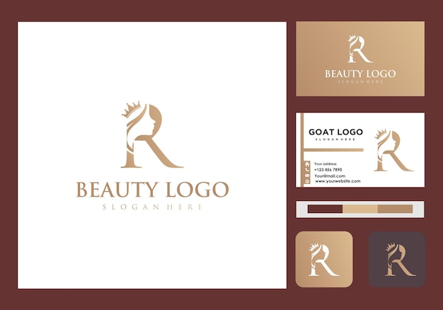 Icono de tarjeta de visita y corona de belleza de logotipo R inicial