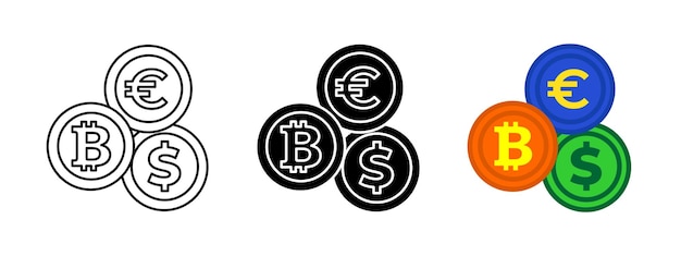 Icono de la tasa de cambio de Bitcoin Vector de monedas de dólares y euros Ilustración de cambio de divisas criptográficas