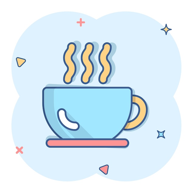 Vector icono de taza de café en estilo cómic ilustración de vector de dibujos animados de té caliente sobre fondo blanco aislado concepto de negocio de efecto de salpicadura de taza de bebida