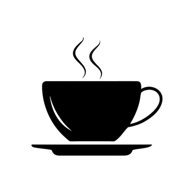 El icono de la taza de café negra con vapor está centrado en un fondo blanco