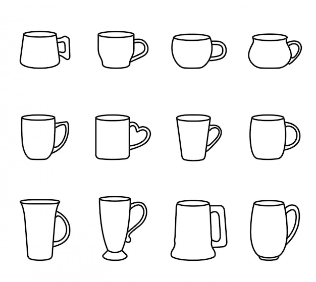 El icono de la taza de café y té fijó con el fondo blanco. Thin Line Style stock vector.