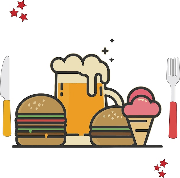 Icono de la taza de cerveza en estilo de dibujos animados Ilustración de hamburguesa Comida de dibuyos animados Lovely Burger Kawaii Helado