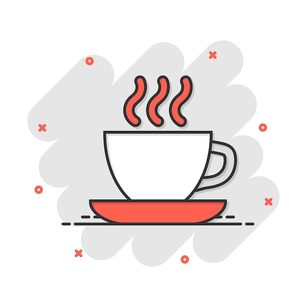 Icono de taza de té de café en estilo cómic Pictograma de ilustración de dibujos animados de vector de taza de café Efecto de salpicadura de concepto de negocio de bebida