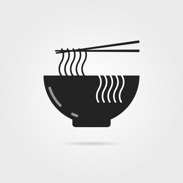 Icono de tazón de fuente negro con fideos chinos y sombra. concepto de preparar, culinaria, dieta oriental, cocina, cocinar. aislado sobre fondo gris. tendencia de estilo plano diseño de logotipo moderno ilustración vectorial