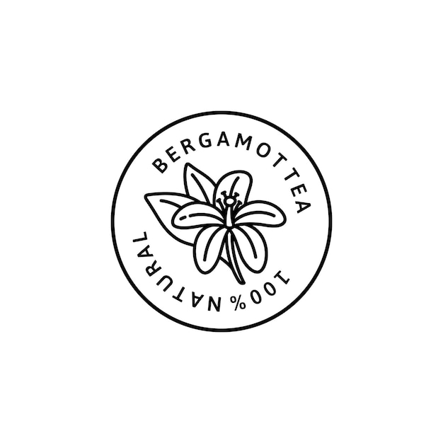 Icono de té de flor de bergamota en estilo lineal de moda. Insignias de bergamota orgánica de vector de plantilla de diseño de envases y emblema. Aislado sobre fondo blanco. Para té, cosméticos, medicamentos