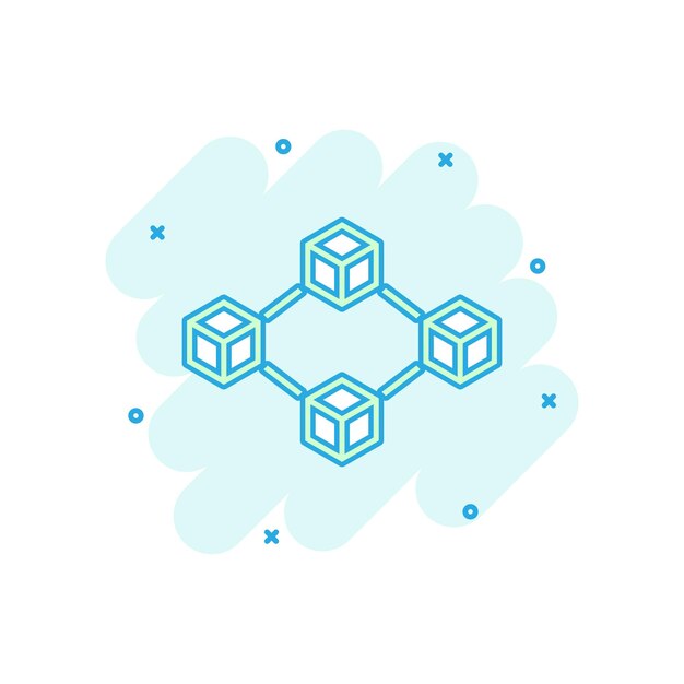Icono de tecnología blockchain de dibujos animados vectoriales en estilo cómico Ilustración del concepto de bloque de cubo de criptografía Pictograma Blockchain Algoritmo concepto de efecto de salpicaduras de negocios