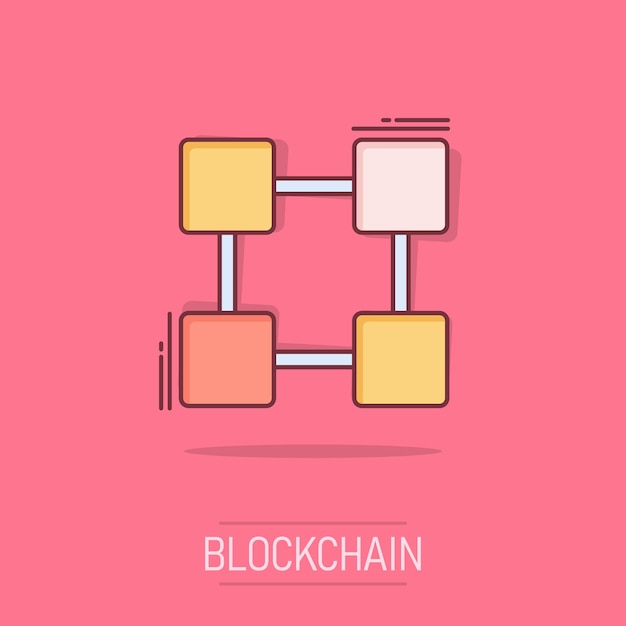 Icono de tecnología blockchain de dibujos animados vectoriales en estilo cómico Ilustración del concepto de bloque de cubo de criptografía Pictograma Blockchain Algoritmo concepto de efecto de salpicaduras de negocios