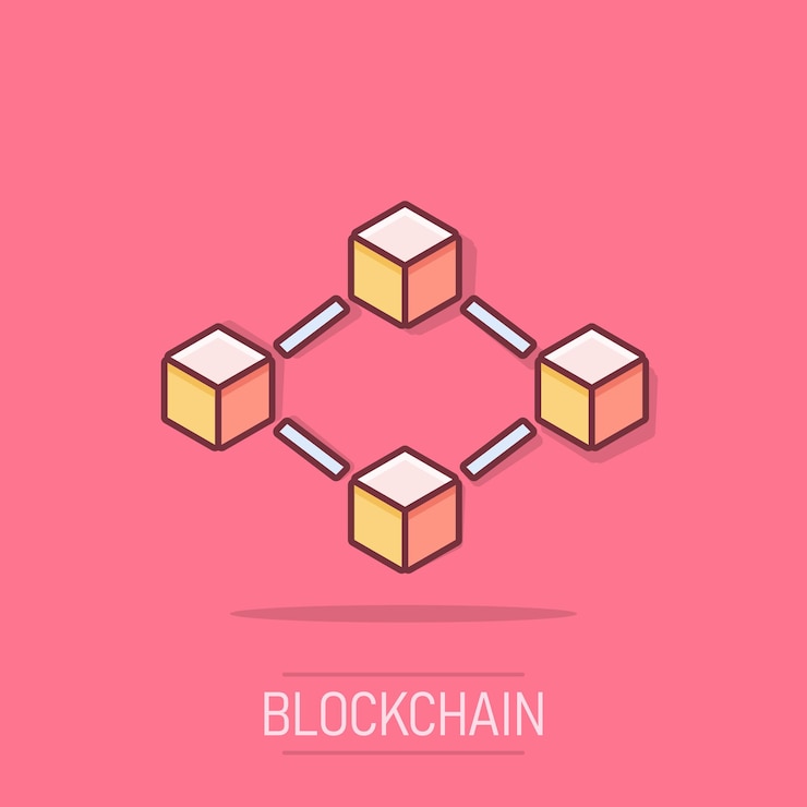 Vector icono de tecnología blockchain de dibujos animados vectoriales en estilo cómico ilustración del concepto de bloque de cubo de criptografía pictograma blockchain algoritmo concepto de efecto de salpicaduras de negocios