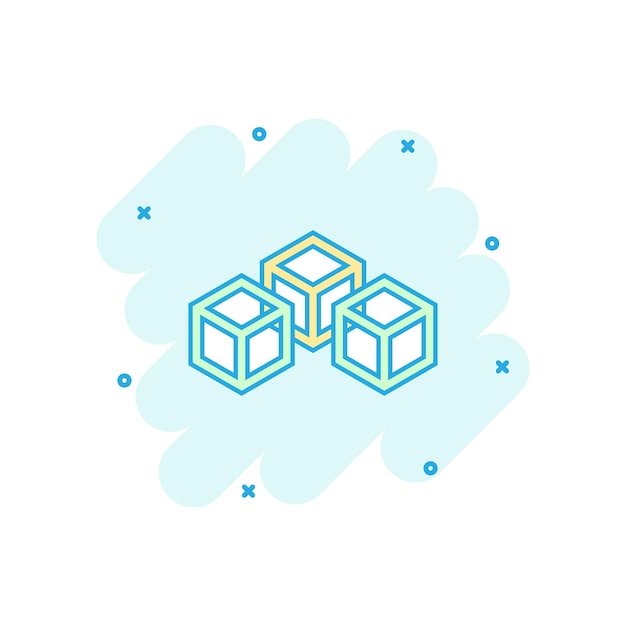 Icono de tecnología blockchain de dibujos animados vectoriales en estilo cómico Ilustración del concepto de bloque de cubo de criptografía Pictograma Blockchain Algoritmo concepto de efecto de salpicaduras de negocios