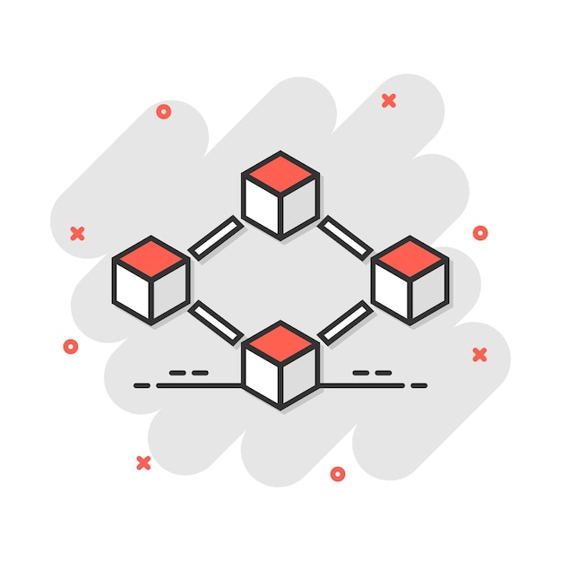 Icono de tecnología blockchain de dibujos animados vectoriales en estilo cómico Ilustración del concepto de bloque de cubo de criptografía Pictograma Blockchain Algoritmo concepto de efecto de salpicaduras de negocios