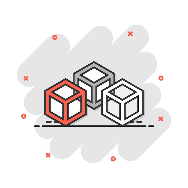 Icono de tecnología blockchain de dibujos animados vectoriales en estilo cómico. Pictograma de ilustración de concepto de bloque de cubo de criptografía Concepto de efecto de salpicadura de negocio de algoritmo Blockchain