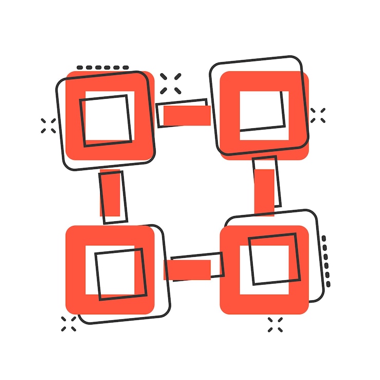 Vector icono de tecnología blockchain de dibujos animados vectoriales en estilo cómico. pictograma de ilustración de concepto de bloque de cubo de criptografía concepto de efecto de salpicadura de negocio de algoritmo blockchain