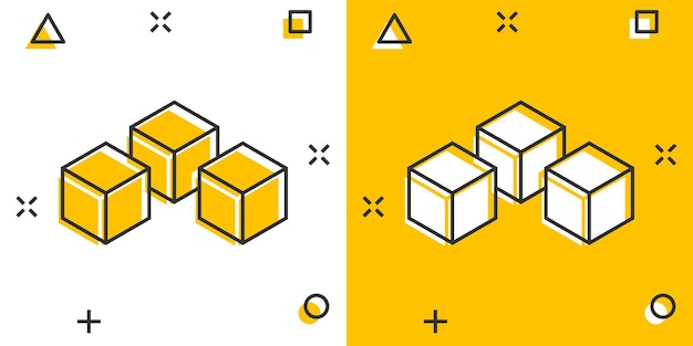 Icono de tecnología blockchain de dibujos animados vectoriales en estilo cómico. Pictograma de ilustración de concepto de bloque de cubo de criptografía Concepto de efecto de salpicadura de negocio de algoritmo Blockchain