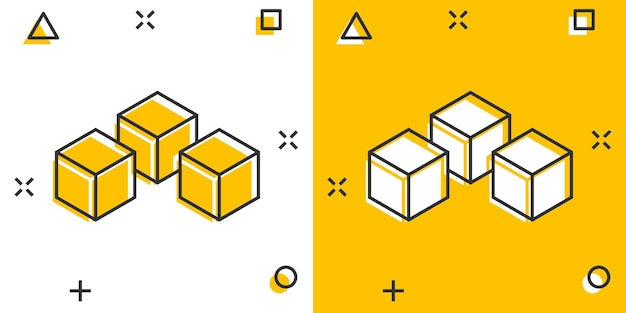 Icono de tecnología blockchain de dibujos animados vectoriales en estilo cómico. pictograma de ilustración de concepto de bloque de cubo de criptografía concepto de efecto de salpicadura de negocio de algoritmo blockchain