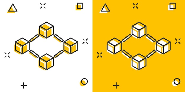 Icono de tecnología blockchain de dibujos animados vectoriales en estilo cómico. Pictograma de ilustración de concepto de bloque de cubo de criptografía Concepto de efecto de salpicadura de negocio de algoritmo Blockchain