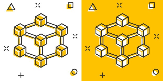 Icono de tecnología blockchain de dibujos animados vectoriales en estilo cómico. Pictograma de ilustración de concepto de bloque de cubo de criptografía Concepto de efecto de salpicadura de negocio de algoritmo Blockchain