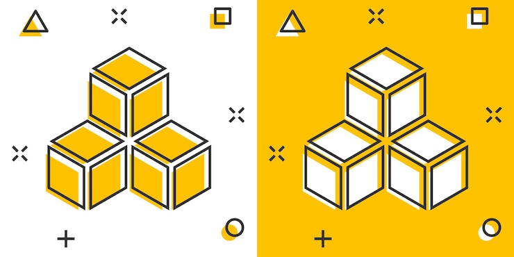 Vector icono de tecnología blockchain de dibujos animados vectoriales en estilo cómico. pictograma de ilustración de concepto de bloque de cubo de criptografía concepto de efecto de salpicadura de negocio de algoritmo blockchain