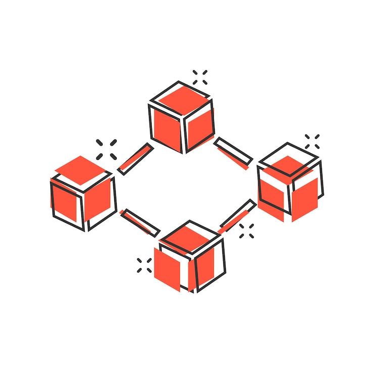 Vector icono de tecnología blockchain de dibujos animados vectoriales en estilo cómico. pictograma de ilustración de concepto de bloque de cubo de criptografía concepto de efecto de salpicadura de negocio de algoritmo blockchain