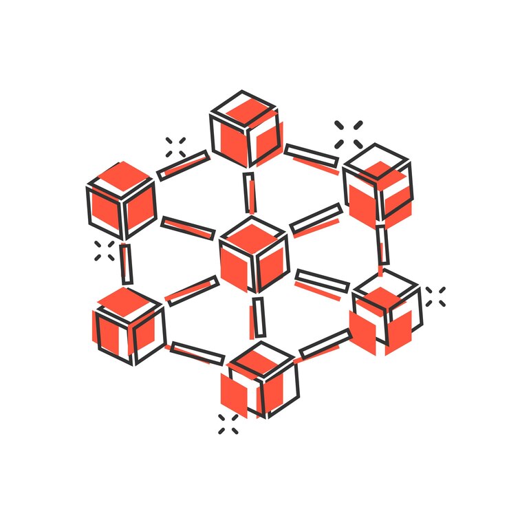 Vector icono de tecnología blockchain de dibujos animados vectoriales en estilo cómico. pictograma de ilustración de concepto de bloque de cubo de criptografía concepto de efecto de salpicadura de negocio de algoritmo blockchain