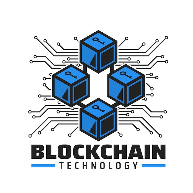 Icono de tecnología blockchain, emblema de vector de servicio de pago de criptomonedas. cubos azules con clave, pistas de placa base de computadora. tecnología de dinero digital, futura base de datos de transacciones electrónicas