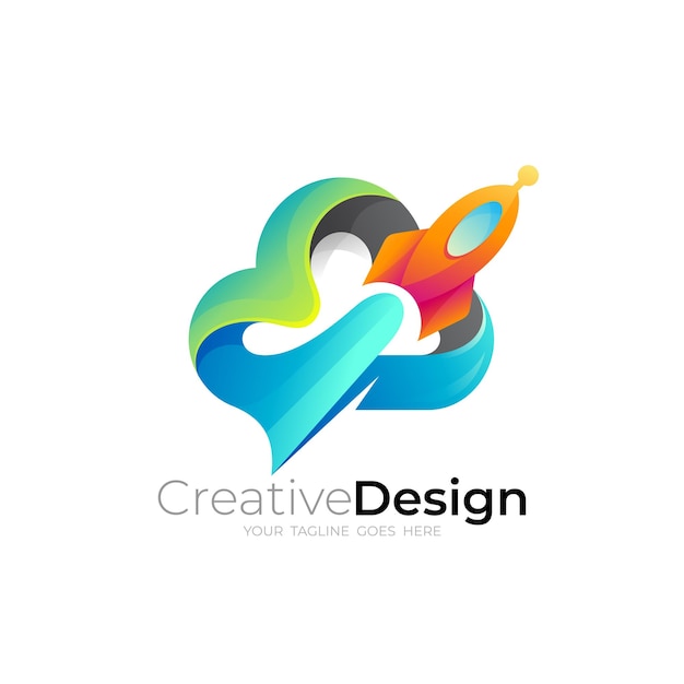 Icono de tecnología de combinación de logotipo de nube y diseño de cohete