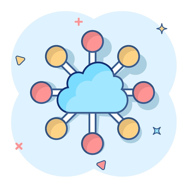 Icono de tecnología de computación en la nube de dibujos animados vectoriales en estilo cómico Pictograma de ilustración de análisis de infografía Concepto de efecto de salpicadura de negocio de red