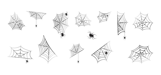 Icono de telaraña web y araña conjunto de halloween red espeluznante línea de terror esquina insecto negro ilustración