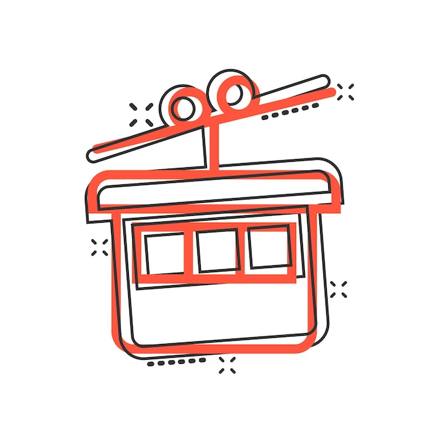 Icono de teleférico en estilo cómic Ilustración de vector de dibujos animados de cabina de ascensor sobre fondo blanco aislado Concepto de negocio de efecto de salpicadura de teleférico