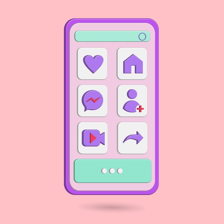 Vector ícono de teléfono inteligente con búsqueda, amor, hogar, mensaje, seguimiento, video y compartir.
