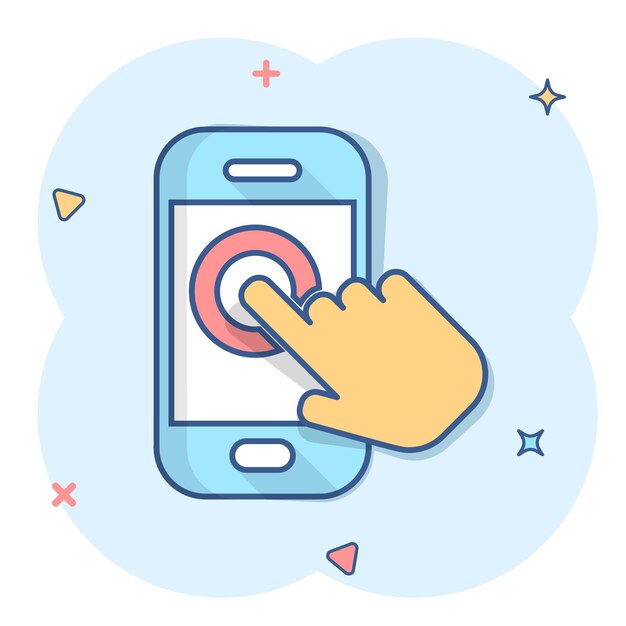 Icono de teléfono inteligente táctil con la mano en estilo cómico Ilustración de dibujos animados vectoriales de dedos de teléfono en fondo blanco aislado Cursor pantalla táctil concepto de negocio efecto de salpicadura