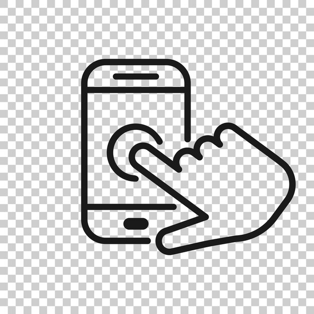 Icono de teléfono inteligente táctil con la mano en estilo transparente Ilustración vectorial del dedo del teléfono en un fondo aislado Concepto de negocio de pantalla táctil del cursor