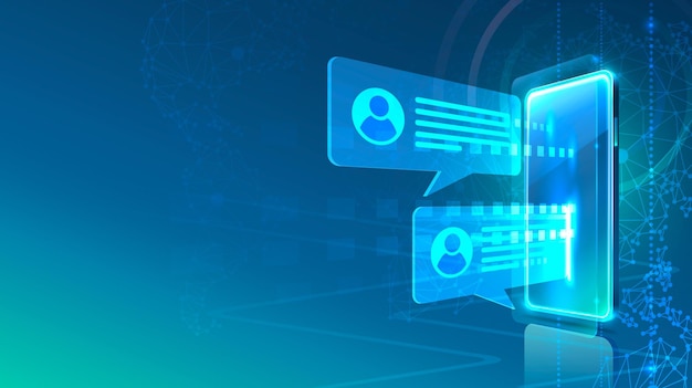 Icono de teléfono de mensaje electrónico, tecnología financiera, fondo azul.