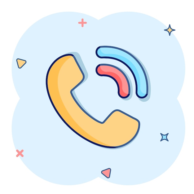 Icono de teléfono móvil en estilo cómic Ilustración de vector de dibujos animados de conversación telefónica sobre fondo blanco aislado Concepto de negocio de efecto de salpicadura de contacto de línea directa