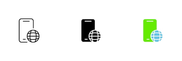 Icono de teléfono con planeta Red global satelital y comunicación celular Vector conjunto de iconos en línea estilos negros y coloridos aislados sobre fondo blanco