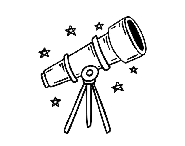 Icono de telescopio dibujado a mano con dibujos de contornos de telescopio con símbolo de clip de línea de estrellas