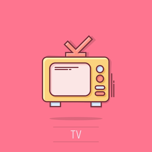 Vector Ícono de televisión en estilo cómico significado de dibujos animados de televisión ilustración vectorial en fondo blanco aislado concepto de negocio de efecto de salpicaduras de canales de video