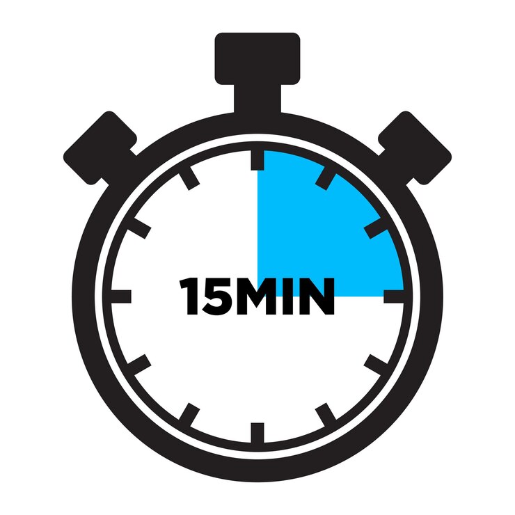 Icono del temporizador de 15 minutos Diseño plano Reloj de stopwatch que muestra quince minutos Indicación de cuenta atrás de la etiqueta